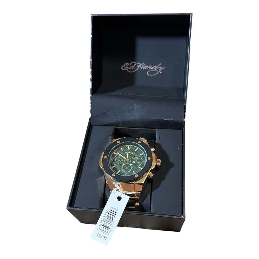 Ed Hardy Chronograph Gold-Tone Watch With Green Dial And Original Box